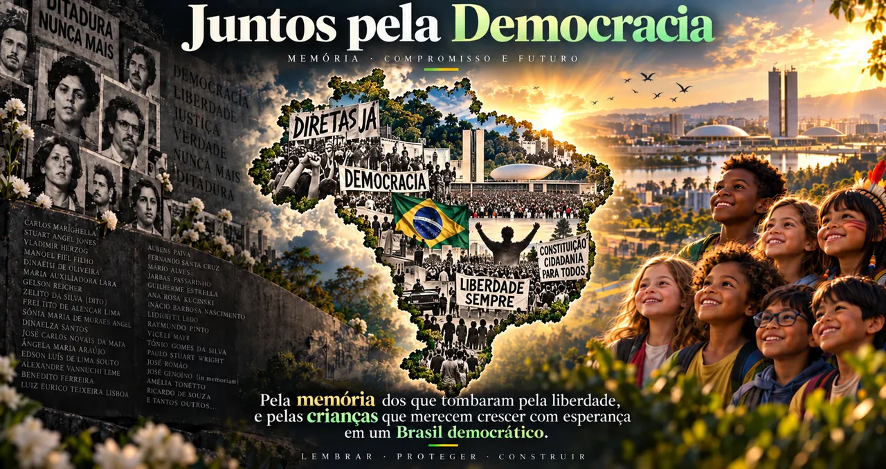 Capa “Juntos pela Democracia — memória, compromisso e futuro”. À esquerda, um memorial com fotografias e nomes de pessoas mortas pela ditadura, sob a inscrição “Ditadura nunca mais”. Ao centro, o mapa do Brasil com cenas históricas de mobilização popular: Diretas Já, Constituição cidadã, liberdade sempre. À direita, crianças sorrindo diante de Brasília ao pôr do sol. Na base: pela memória dos que tombaram pela liberdade, e pelas crianças que merecem crescer com esperança em um Brasil democrático. Lembrar, proteger, construir.