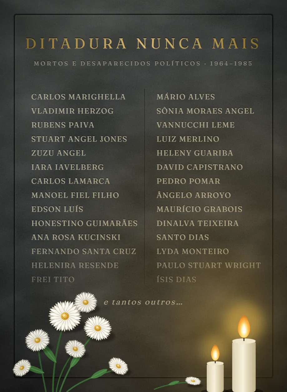 Ilustração de um memorial de granito com a inscrição “Ditadura nunca mais” e os nomes de mortos e desaparecidos políticos da ditadura militar, com flores brancas depositadas e velas acesas.